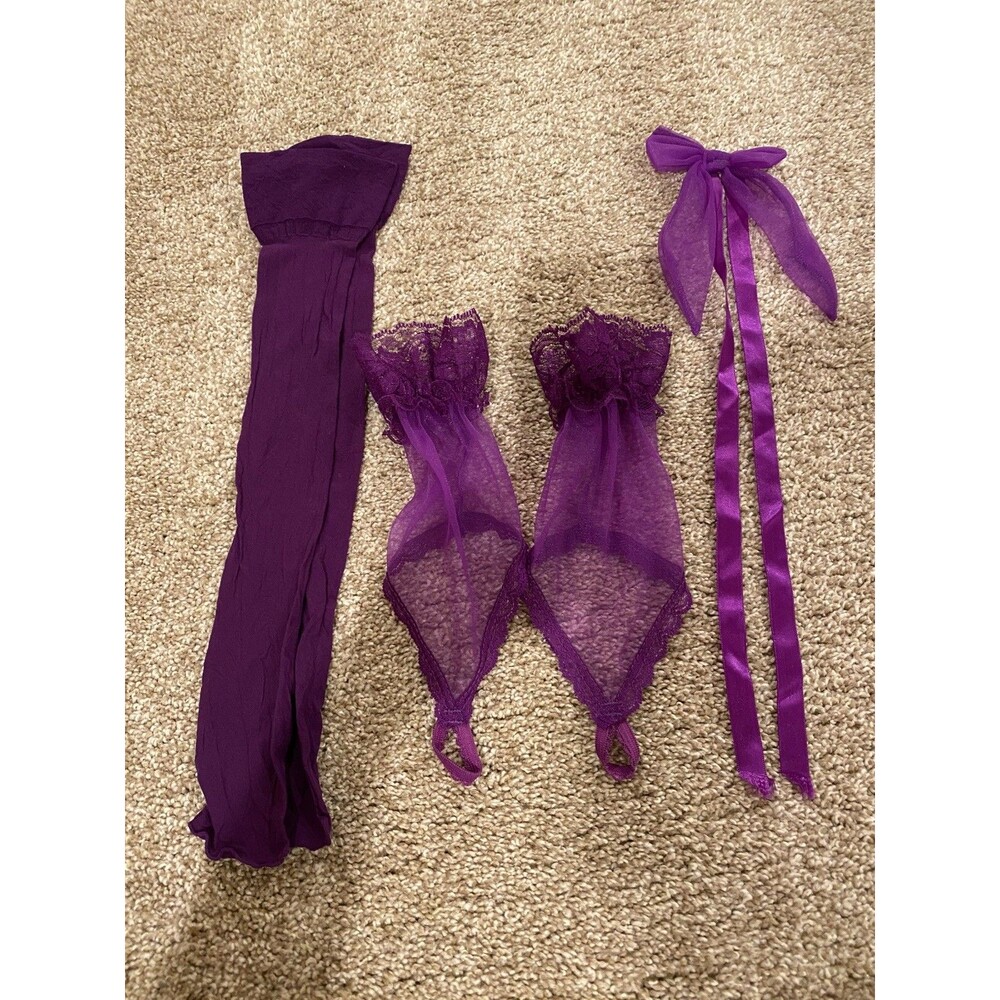 Exotic Dancer Stripper Sexy Dancewear  Gloves hosiery neck bowtie purple